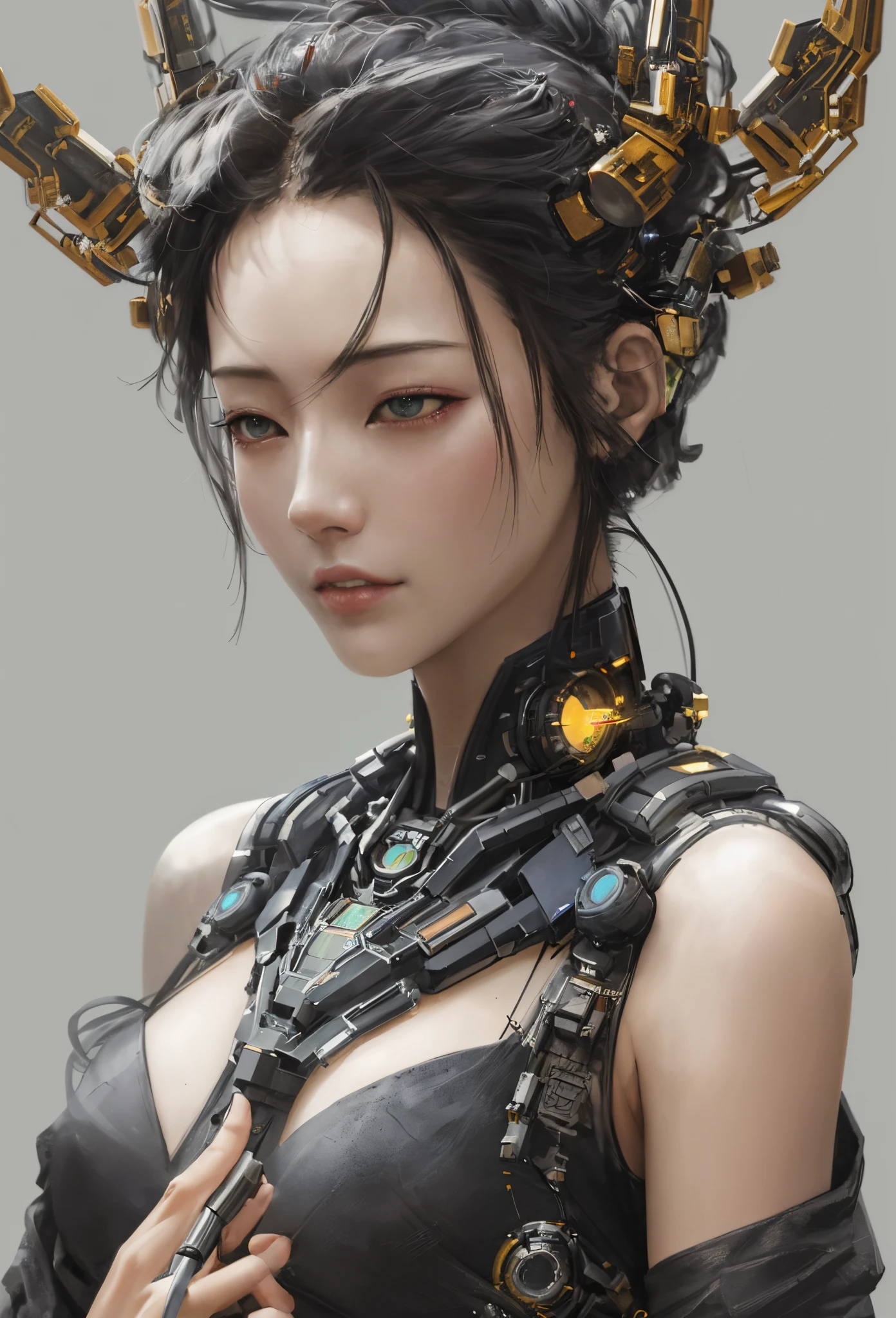 Cyberpunk art of a，afofuturism，cyber punk style，Chinese science fiction，Blank background，Complicated details, Perfect details，A high resolution, structurally correct, Intricate patterns，Mecha design，scifi style，The back of the head is covered with tubes，sense of science and technology，mechanical sense，Fine machinery，Full body photo，lightand shade contrast，movie light effect，dynamic blur，actual，フォトリアリスティック，meticuloso，hight contrast，The picture is dark，Buddha light backlight，structural symmetry，Fantasyart，concept-art，unreal-engine，复杂，Perfectcomposition