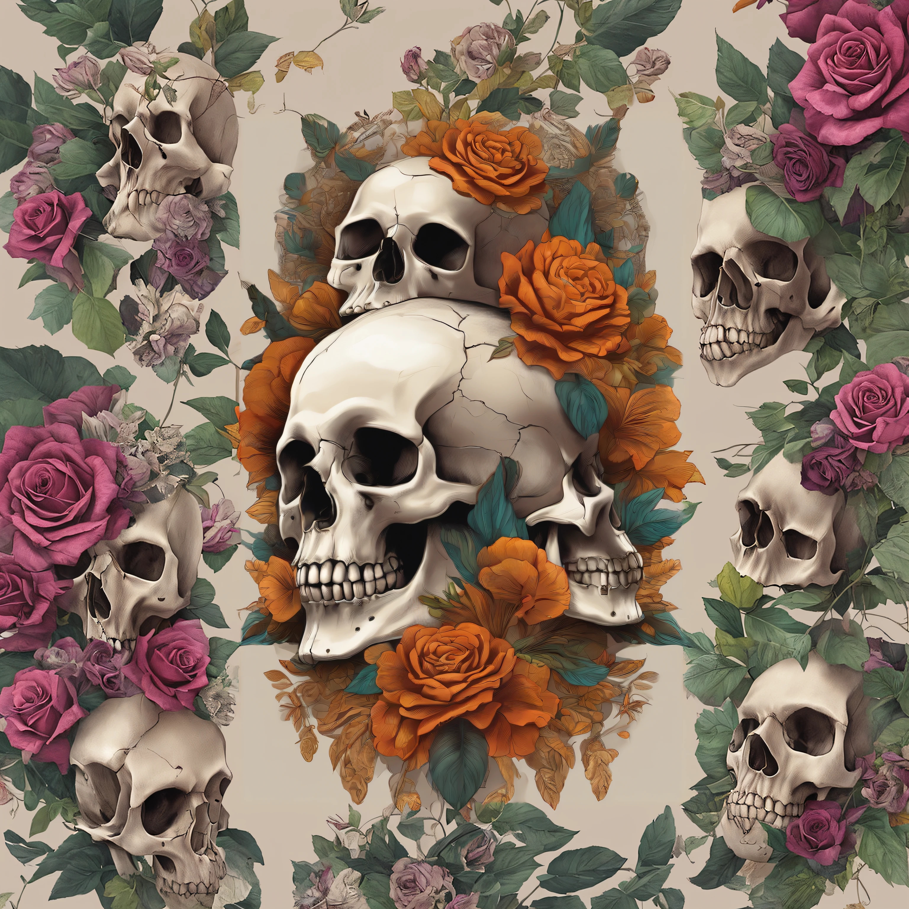 there are two skulls and two roses on the wall, skulls around, skulls, colorful illustration for tattoo, sacred skulls, arte detalhada assustadora em cores, skull bones flowers, morphing skulls, Directed by: Galeno Dara, skulls and skeletons, with a crown of skulls, arte mais detalhada, color digital illustration, skull tattoo, Directed by: Maximiliano Cercha, cores realistas detalhadas