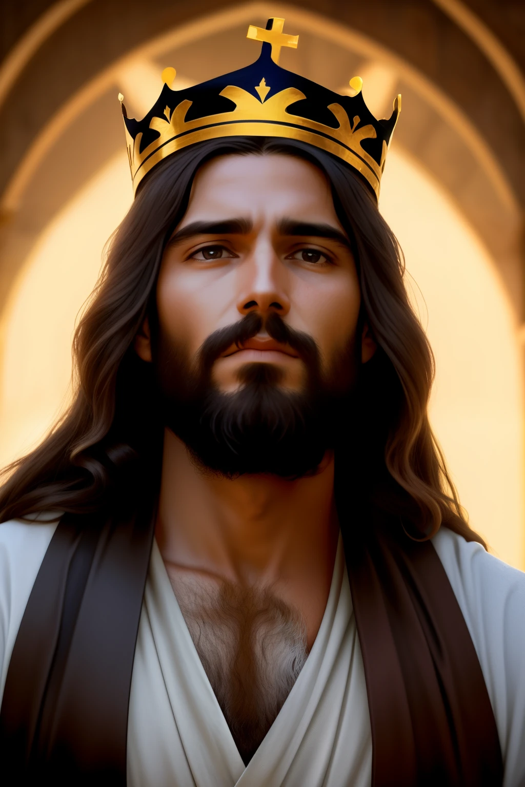 "Please create a realistic portrait of Jesus, representing him as a simple and humble man. Highlight the calm and compassionate expression on your face, with serene eyes and a soft smile. Be sure to faithfully portray Jesus' signature facial features, such as his beard and long hair. Add a crown of thorns on your head, emphasizing the painful aspect, but without exaggerating the violence. Use soft lighting to emphasize the aura of kindness and peace around it. The main focus should be to convey the message of love and compassion that Jesus represents. Please avoid any offensive or disrespectful depictions. The goal is to create a reverent and inspiring image that captures the essence of Jesus as a simple man and the Savior of mankind."
