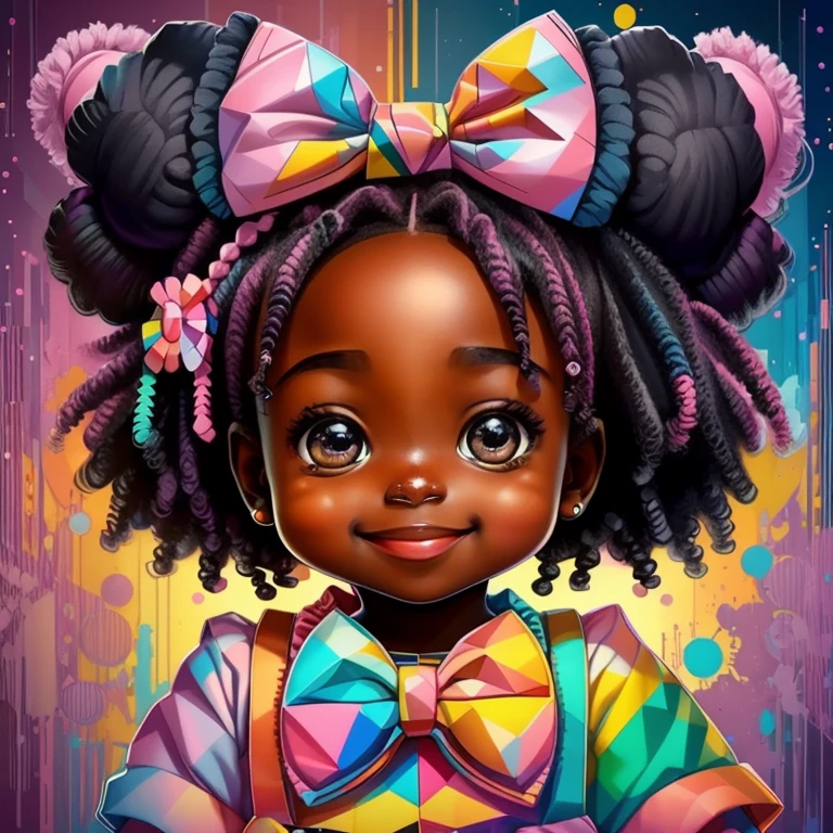 (cute black baby girl with big pink bow smiling),(melhor pose),(best angle), (better expression), Eduardo Kobra acolchoamento ,multidimensional geometric wall PORTRAIT, arte, Chibi,
Yang08k, lindo, Colouring,
Primary works, qualidade superior, melhor qualidade, Arte Oficial, Beautiful and Aesthetic, pelos coloridos,