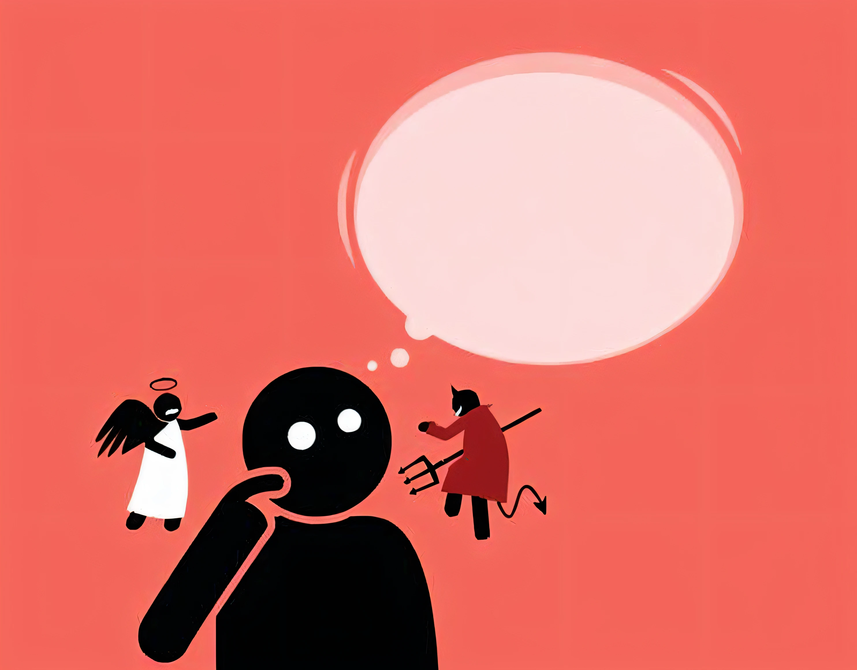 a man with a devil and angel in his hand and a thought bubble above him, funny illustration, illustration!, cartoonish and simplistic, humorous illustration, dark people discussing, devil versus angel, thought provoking, devils, angel versus devil, funny weird illustration, by Paul Bird, politics, hovering indecision, making a deal with the devil, very humorous illustration