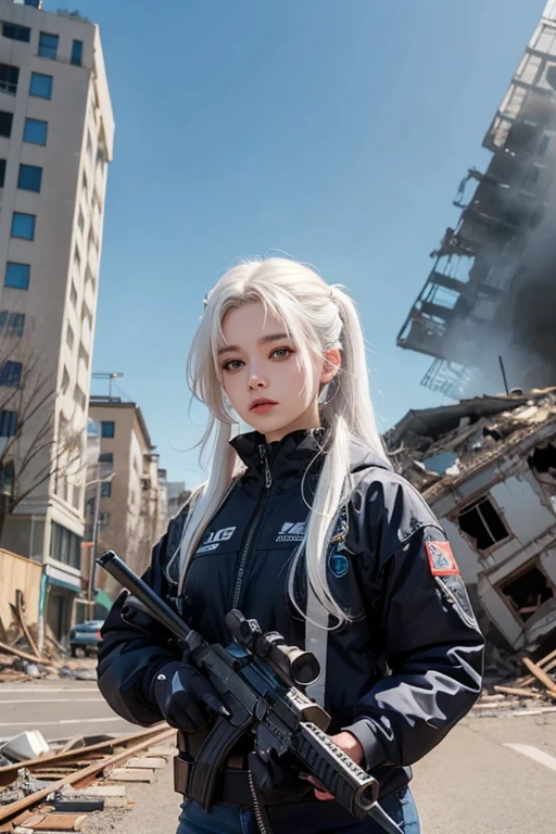 ((best quality)), ((masterpiece)), (detailed), perfect face, beautiful girl, white hair, long hair with pony, holding M4 guns, with tech wear, and crashed building background,