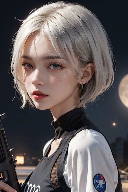 ((best quality)), ((masterpiece)), (detailed), perfect face, beautiful girl, white hair, short hair, holding M4 guns, with tech wear, and crashed building background, and there is moon in the sky