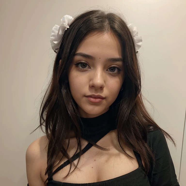 IA de una chica con las siguientes caracteristicas : chica de 1.65 cm de altura,cabello largo casi negro , lunar debajo del labio ,ojos verdes de piel blanca, vestida con un top rosado manga larga ,una pollera negra con blanco, cabello recogido con una cinta rosada.
