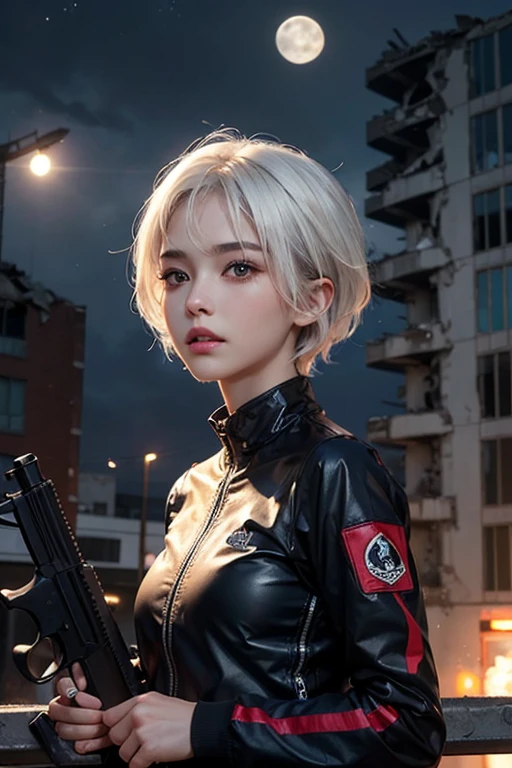 ((best quality)), ((masterpiece)), (detailed), perfect face, beautiful girl, white hair, short hair, holding M4 guns, with tech wear, and crashed building background, and there is moon in the sky.