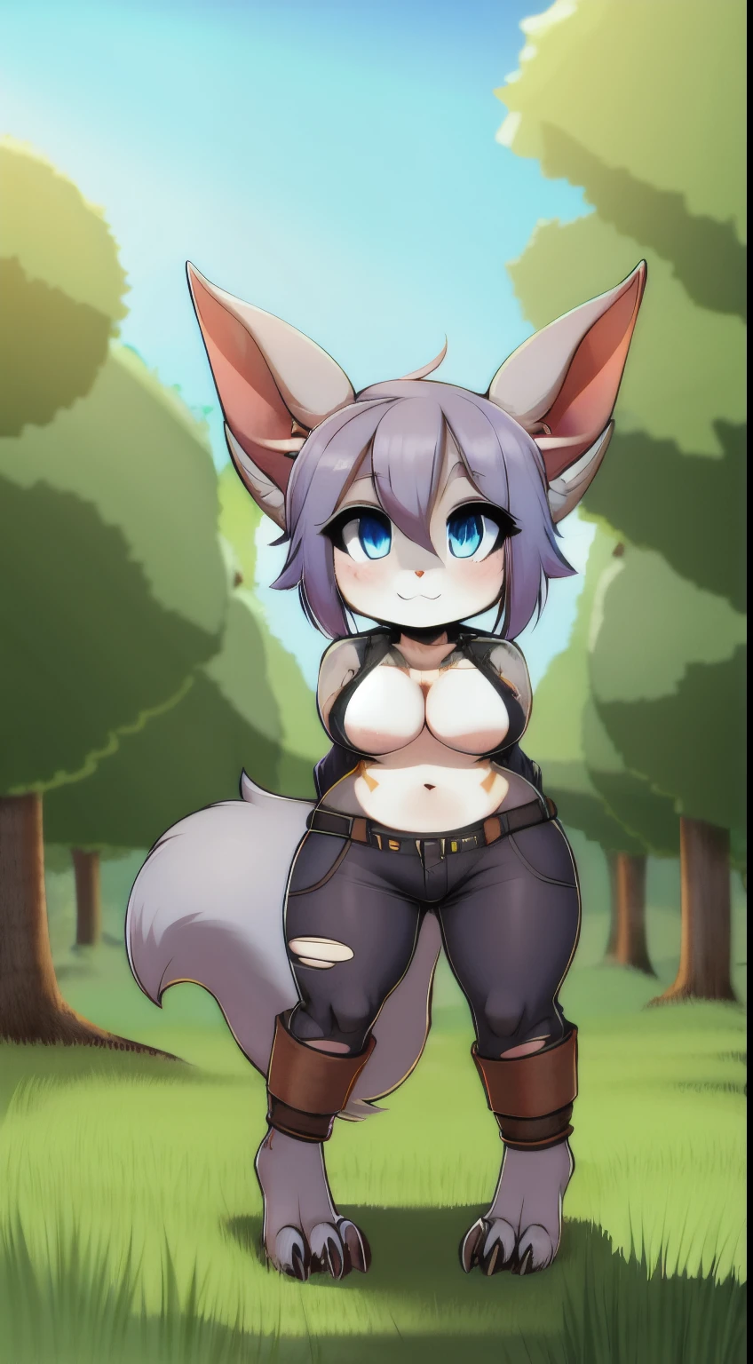 ((best quality)), ((masterpiece)), (detailed), perfect face, Grey fur, voluptuous, blue eyes, forest background, playful, Very Short, Green skin, furry, torn clothing, cross species, hybrid, one character, pinup, Goblin Rabbitkin hybrid, goblin bunnykin hybrid, bunnykin goblin hybrid, rabbitkin goblin hybrid, Rabbitkin, bunnykin, goblin, hybrid, crossbreed,