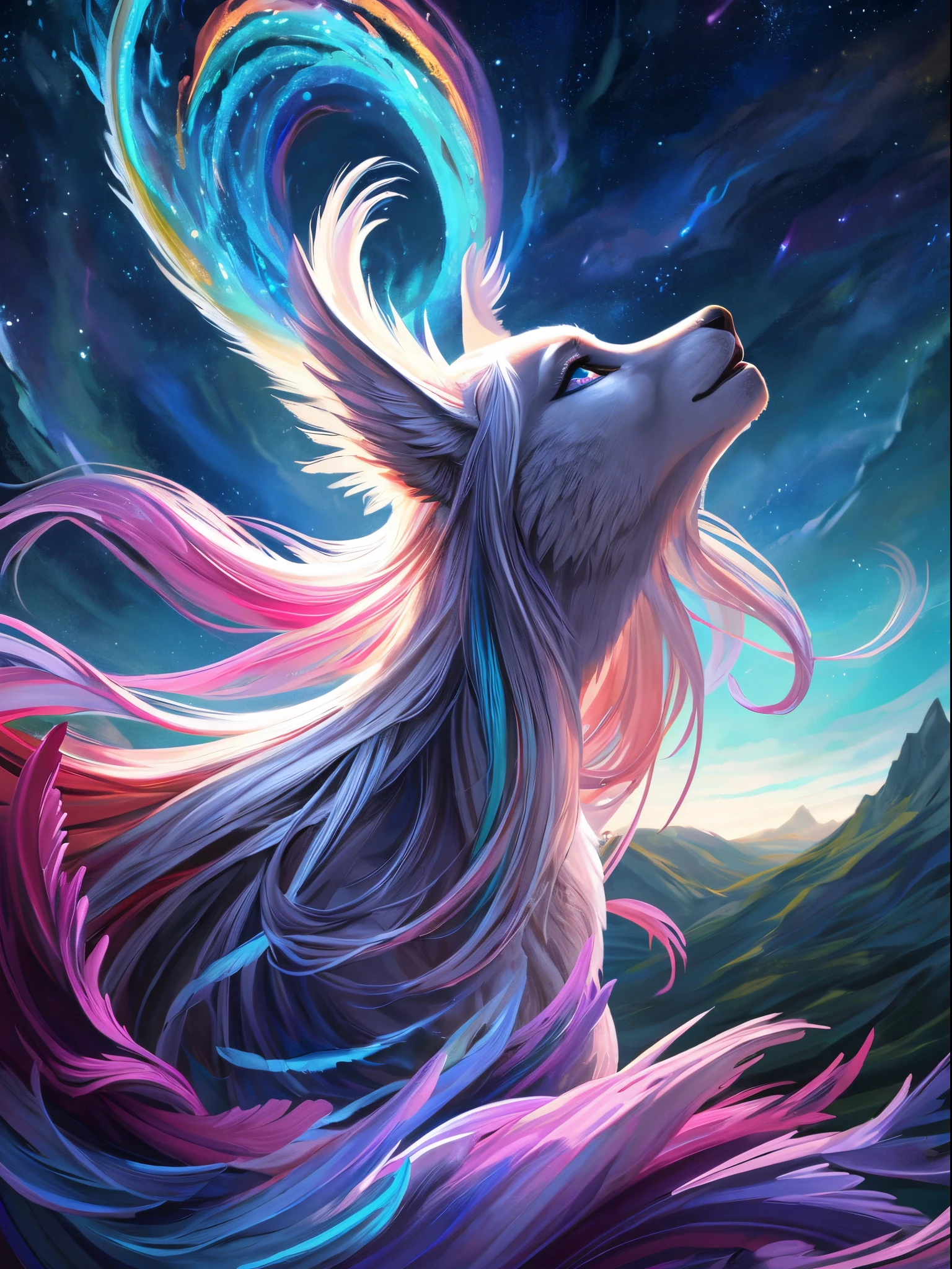 (best quality:1.2, highres, masterpiece:1.2), ultra-detailed, realistic:1.37, vibrant colors, dreamy lighting, digital art,  furry, fursona female, beautiful detailed eyes, beautiful detailed lips, flowing hair, graceful pose, expressive emotions, majestic landscape, prideful atmosphere, engaging composition, captivating storytelling, enjoy!