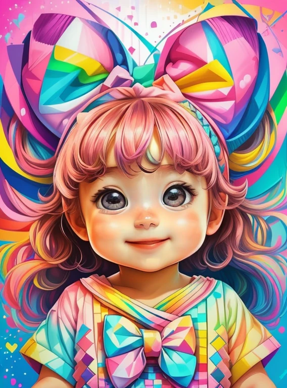 (cute baby girl with big pink bow smiling),(melhor pose),(best angle), (better expression), Eduardo Kobra acolchoamento ,multidimensional geometric wall PORTRAIT, arte, Chibi,
Yang08k, lindo, Colouring,
Primary works, qualidade superior, melhor qualidade, Arte Oficial, Beautiful and Aesthetic, pelos coloridos,