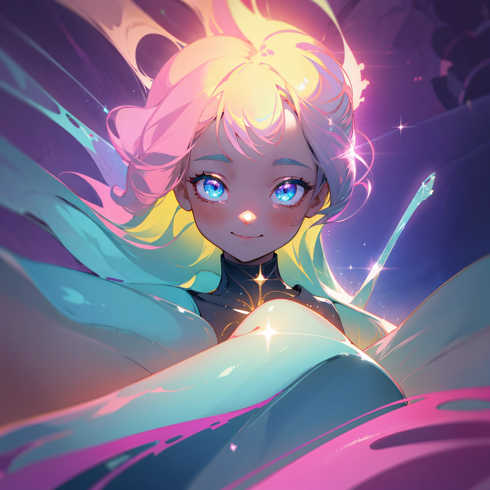 fantasy art, neon magic, beautiful girl alone, sea fairy, smiling, portrait, big picture, UHD, 128k, dreamy colors, glowing around, glow, symmetrical eyes, symmetrical nose, sparkles, white background, emerald eyes, dark blond hair, tender pink and purple curls, cyberpunk, casual closes with cute print, small bust