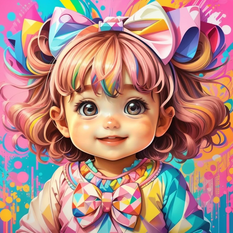 (cute baby girl with big pink bow smiling),(melhor pose),(best angle), (better expression), Eduardo Kobra acolchoamento ,multidimensional geometric wall PORTRAIT, arte, Chibi,
Yang08k, lindo, Colouring,
Primary works, qualidade superior, melhor qualidade, Arte Oficial, Beautiful and Aesthetic, pelos coloridos,