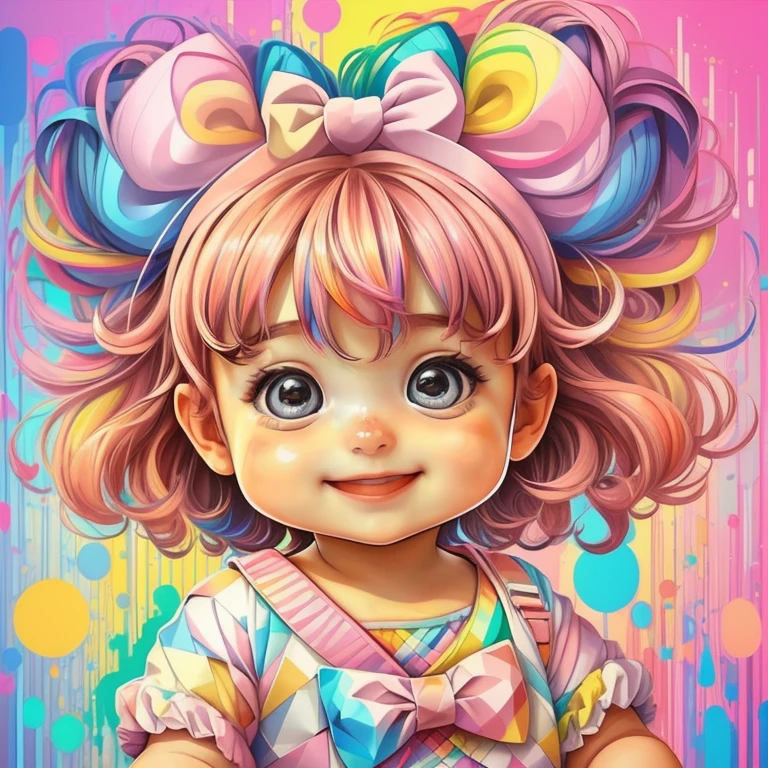 (cute baby girl with big pink bow smiling),(melhor pose),(best angle), (better expression), Eduardo Kobra acolchoamento ,multidimensional geometric wall PORTRAIT, arte, Chibi,
Yang08k, lindo, Colouring,
Primary works, qualidade superior, melhor qualidade, Arte Oficial, Beautiful and Aesthetic, pelos coloridos,
