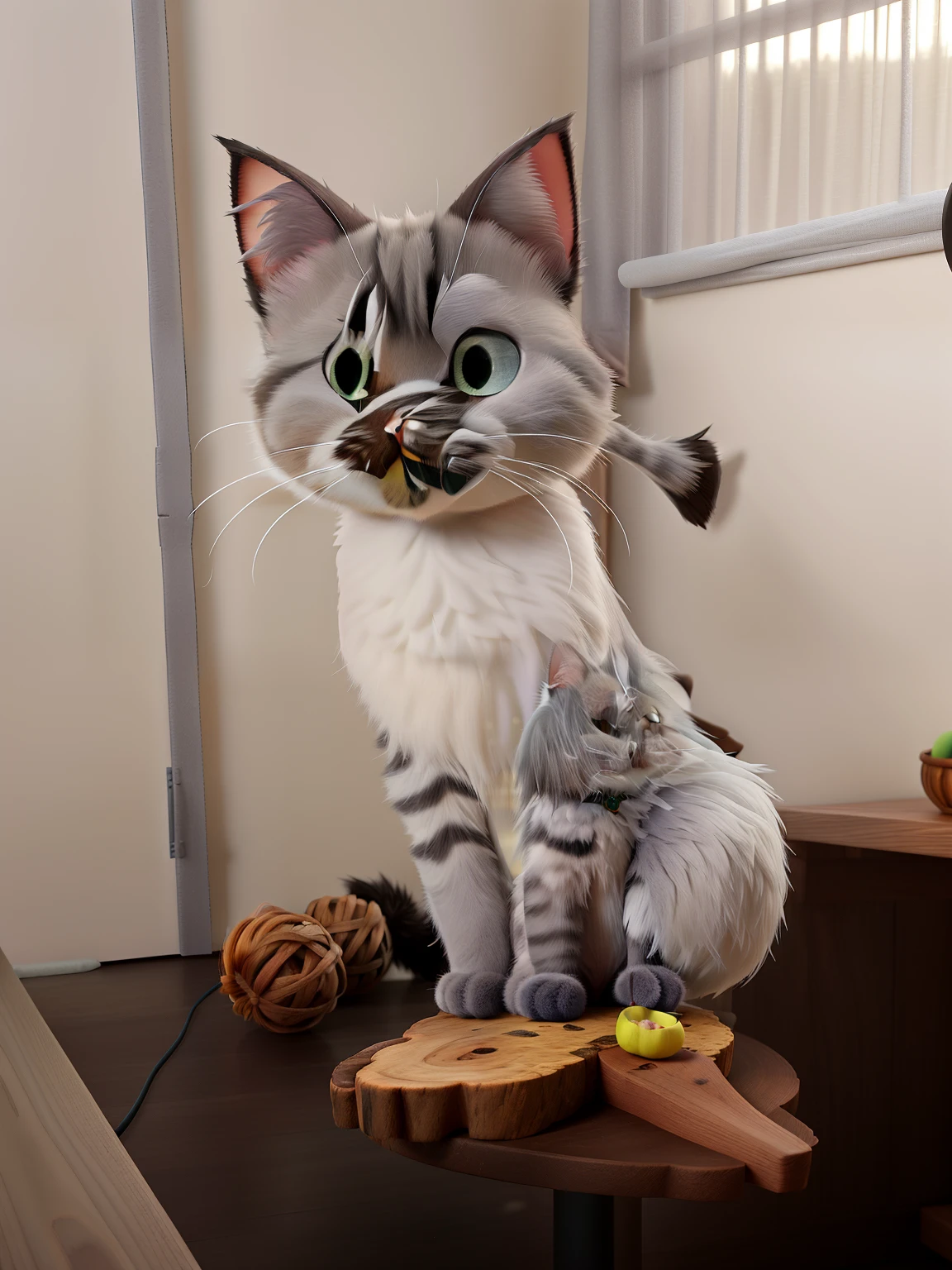 Disney Pixar design, very hairy cat, with big sad pussycat eyes, pointed ears, she has light gray fur mixed with dark gray fur and white fur, her tail is dark gray, she is in front of a window, sitting on her hind legs on a wooden table on top of a garland made of vine decorated with a bow and small wooden rounds