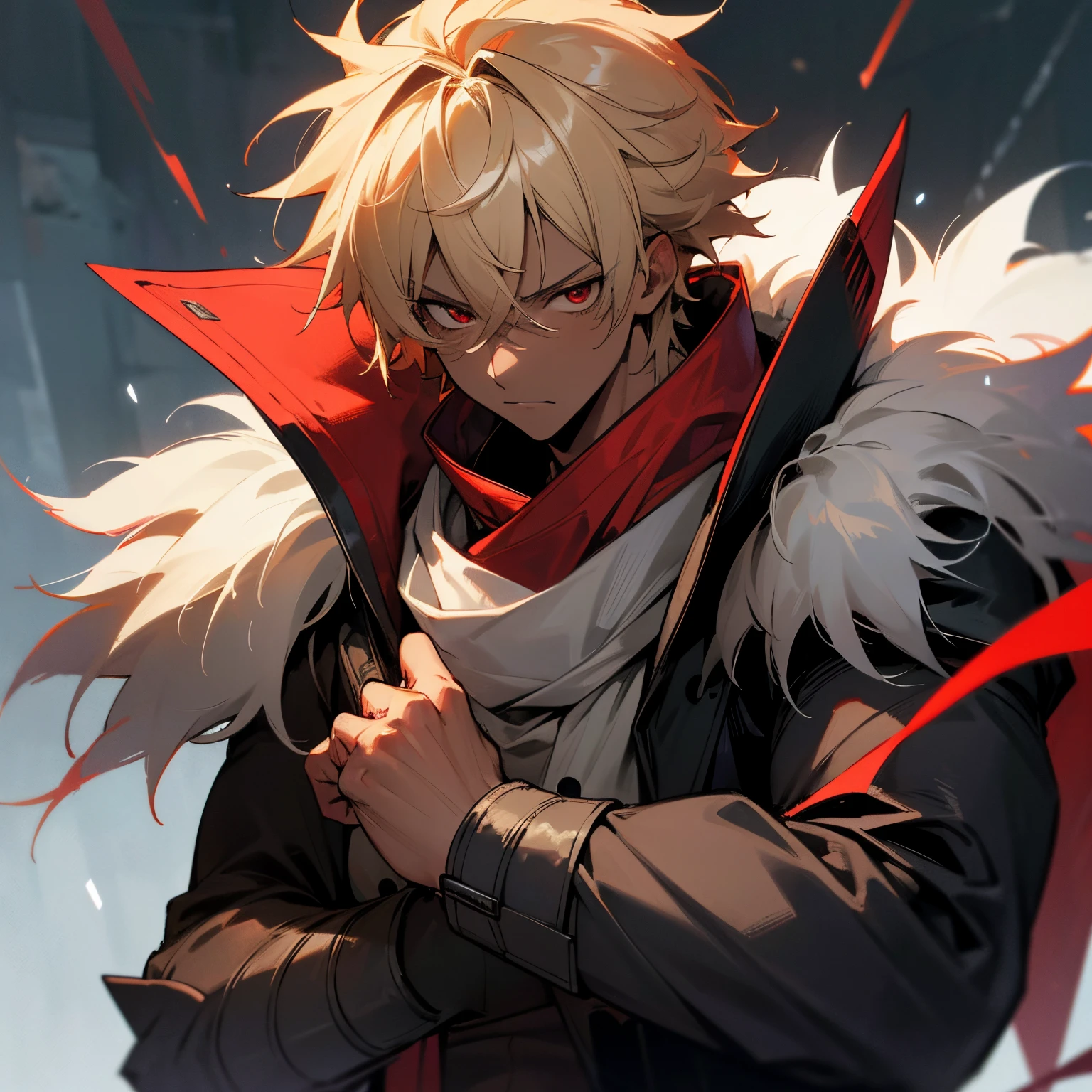 (best quality,4k,8k,highres,masterpiece:1.2),ultra-detailed,,Dirty Blonde Hair, Black and Red Combat Clothing, Spiky Messy Hair, Fur Trim Coat, Muscular Build, Short Male, 1male, winter clothing, red eyes, studio lighting, intense stare, steamy breath, snowy background, powerful stance, vibrant colors, sharp focus, bokeh, gritty atmosphere , white scarf , Dark Skin
