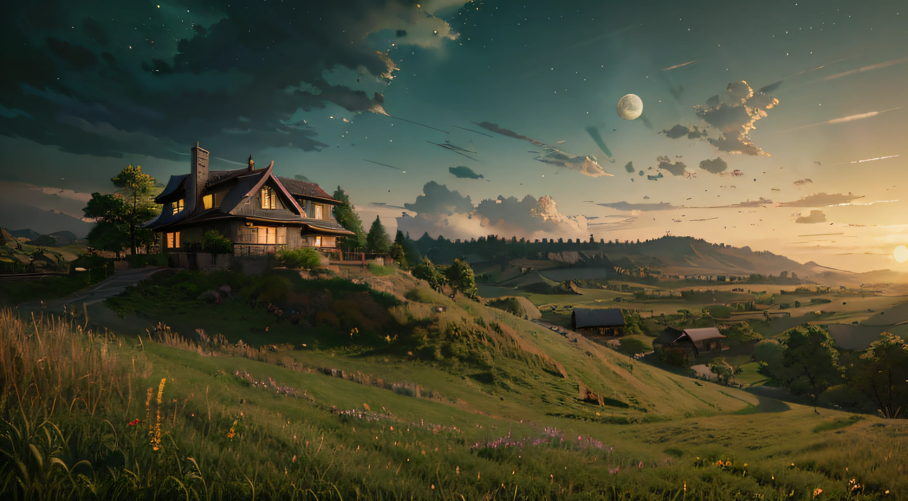 a house sitting on top of a lush green hillside, stylized painting, background artwork, anime countryside landscape, calm night. digital illustration, painting in luminist style, inspired by Wadim Kashin, scenery artwork, painted as a game concept art, moon shining golden light, detailed painting 4 k, mood painting, painting of a dreamscape, 4 k digital painting