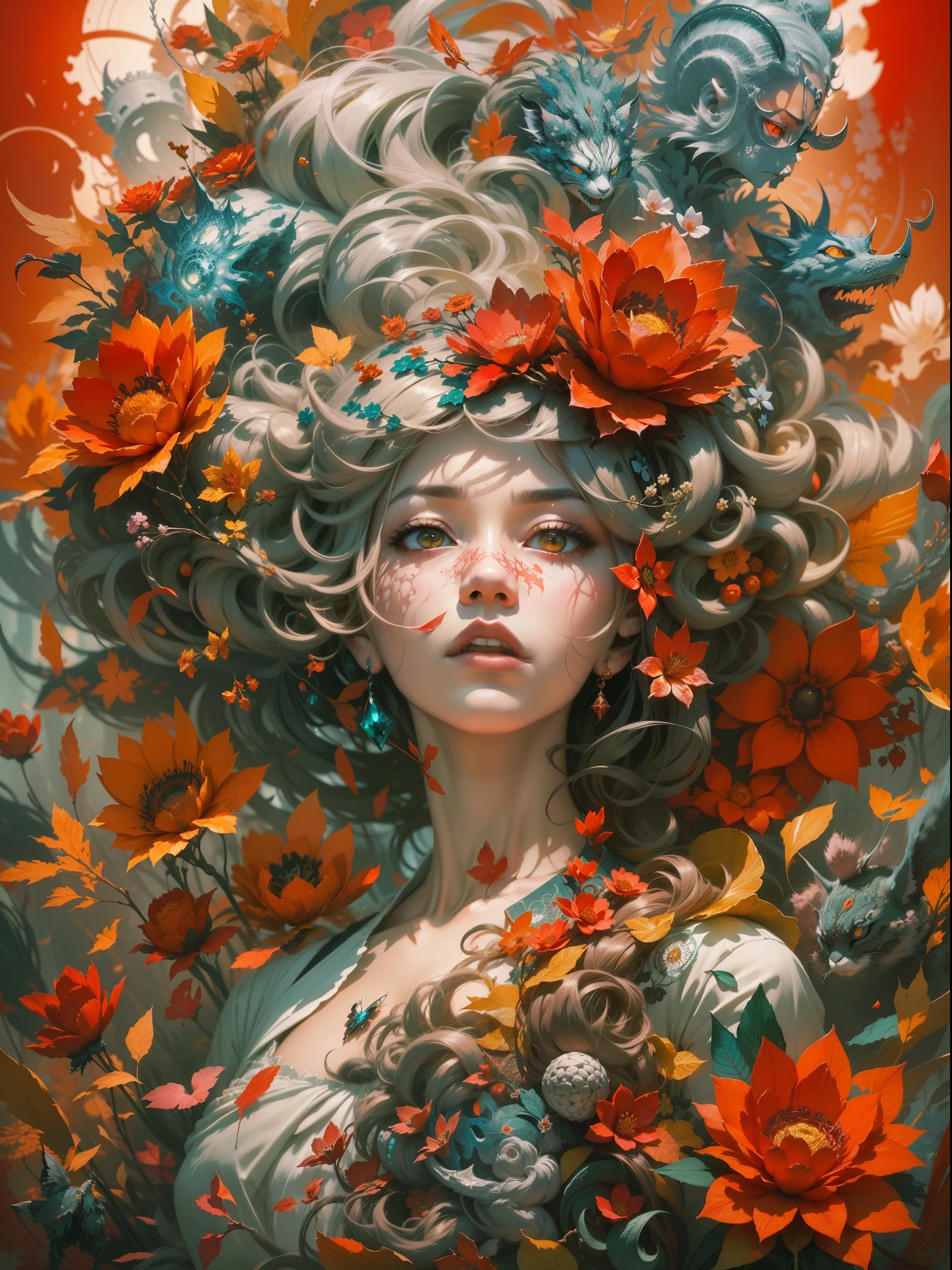 official art, unity 8k wallpaper, ultra detailed, beautiful and aesthetic, masterpiece, best quality, (zentangle, mandala, tangle, entangle), (fractal art:1.3) , 1girl, red flowers, extremely detailed, dynamic angle, cowboyshot, the most beautiful form of chaos, elegant, a brutalist designed, vivid colours, romanticism, by james jean, roby dwi antono, ross tran, francis bacon, michal mraz, adrian ghenie, petra cortright, gerhard richter, takato yamamoto, ashley wood, atmospheric