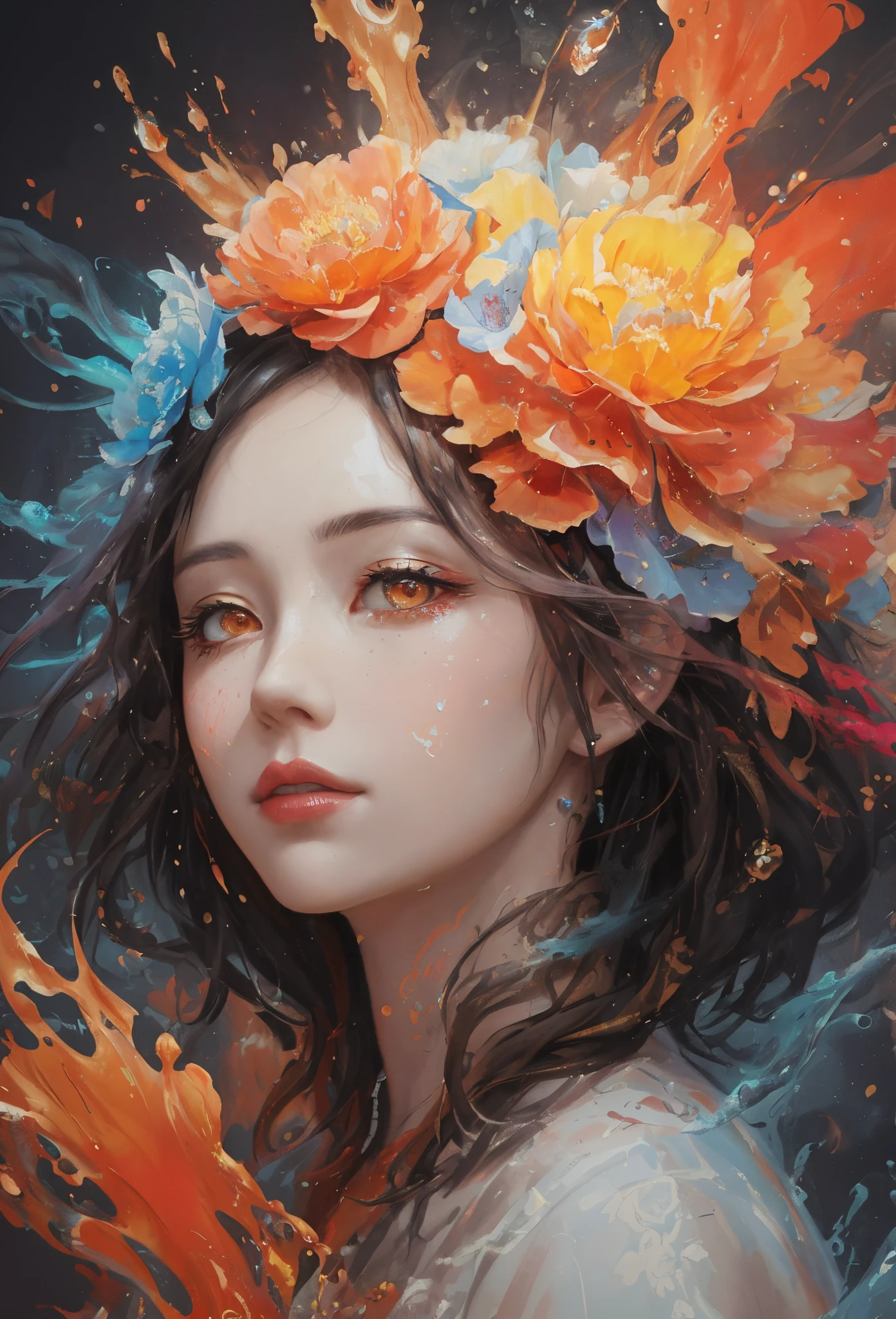 Splash ink art, Close-up of liquid glowing lady made of colors, plata, Red, orange colors, Light yellow, Gray-gold, liquid fire peony flower, filigrees, filigree details, rotation fire, Color drops, Color waves, rays of moonlight, Color paint splatter style, Super detailed complex detailed, unreal-engine, like a dream, Complicated details, Boot picture, complementary colours, like a dream, concept-art, 8K分辨率, tmasterpiece, oil painted, whack, paint drops, Splash ink art, Fantasyart, concept-art, centered composition,Achieve perfect composition, Located in the center, Complex postures, 复杂