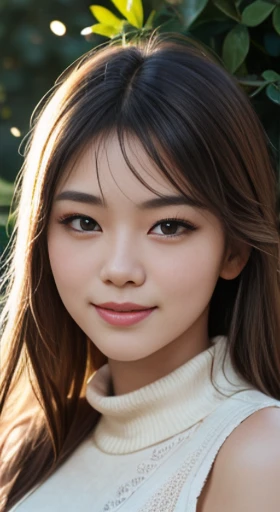 (Best quality at best,4K,A high resolution,tmasterpiece:1.2),ultra - detailed,(actual,realisticlying,Photorealistic:1.37),sportrait,20 year old woman,blond,Microvolumes,high-necksweater,stocklings,yuki,美丽细致的眼睛,beautiful detailed lips,Long eyelashes,Shoulder-length hair,White skin of the,An innocent smile,vivd colour,gentlesoftlighting,golden-hour sunlight,outdoors