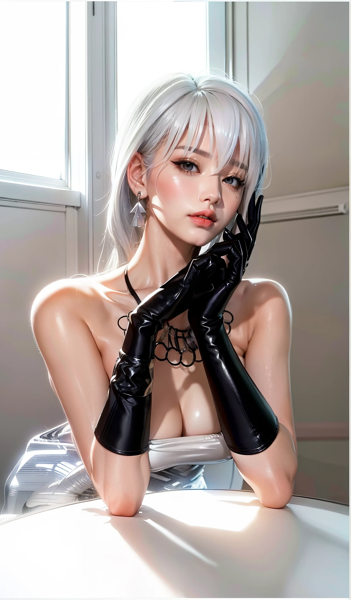 anime girl with white hair and black gloves posing for a picture, cyborg - girl with silver hair, tifa lockhart with white hair, seductive anime girl, twintails white_gloves, anime barbie in white stockings, beautiful alluring anime woman, photorealistic anime girl render, perfect white haired girl, 2 b, 2b, perfect android girl, girl with white hair