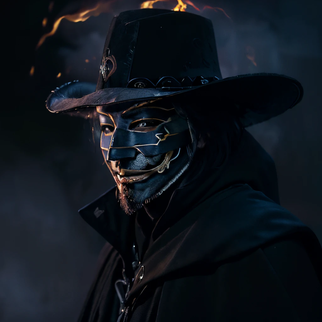 ((masterpiece)), 8k cg, best quality, intricate details, chromatic aberration, close up, ((bust shot)), ((looking at the viewer)), realism, 1man, (((background(((dark background)), fire, fog)), ((Anonymous mask, Guy Fawkes Mask)) V for Vendetta, ((all black armor, black cape, black cowboy hat), Long slicked back hair, masked person