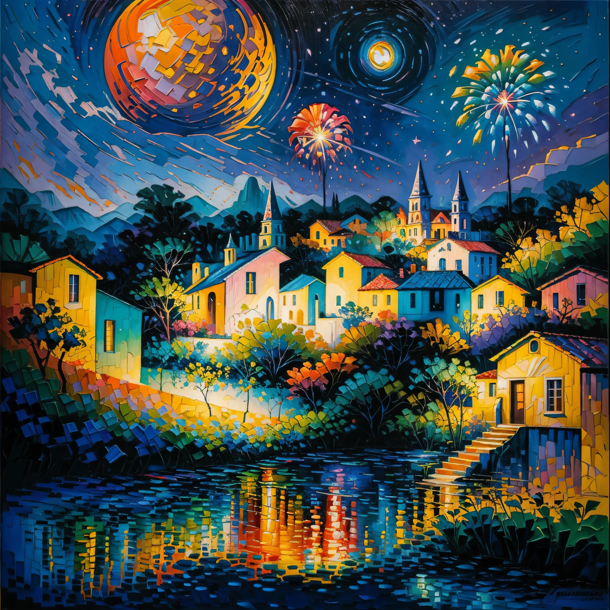 Uma bela casa moderna, colorful fireworks in the sky, pintura impressionista no estilo do artista Grandfailure, arte conceito no estilo da serie Arcane, noite, alto contraste, chiaroscuro, brasil, impasto fauvism