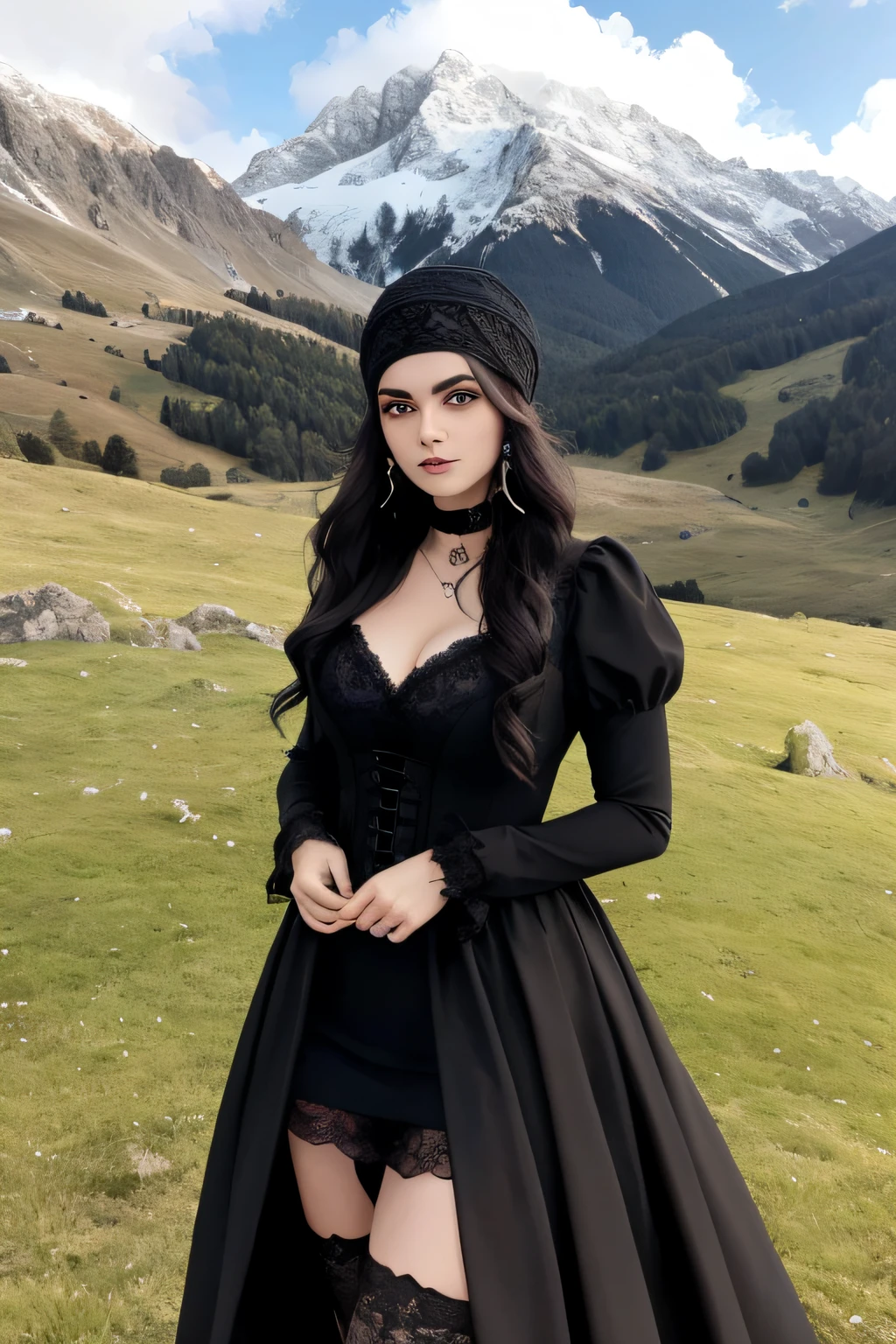 A Gothic Woman, gothic winter clothing, Cara en forma. 22year old, barbilla afilada, Cinematographer, foto en bruto, obra maestra, foto extremadamente detallada, DSLR, fotorrealista 1.4, ultra-high-resolution, mejor calidad, labios rosados, maquillaje perfecto, imagen de cuerpo completo, alto, tonificado, tetas medianas, Pyrenees mountain background,