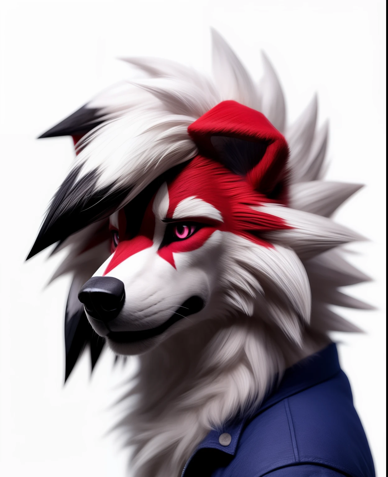 anthropomorphic, male, midnight Lycanroc, detailed eyes, fluffy, sad, ears down, looking away, headshot, sticker, white background