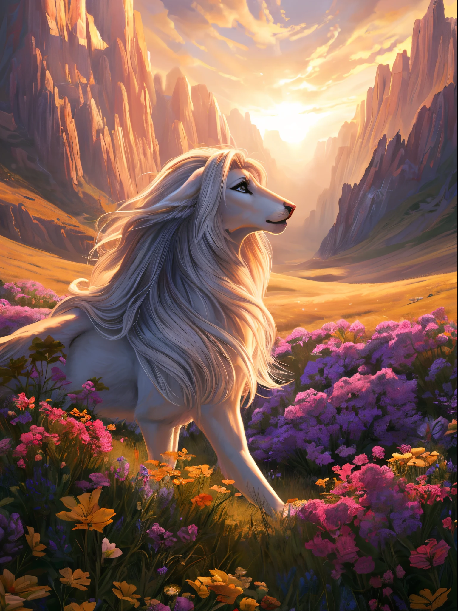 (best quality:1.2, highres, masterpiece:1.2), ultra-detailed, realistic:1.37, vibrant colors, dreamy lighting, digital art, furry, fursona female, beautiful detailed eyes, beautiful detailed lips, flowing hair, graceful pose, expressive emotions, majestic landscape, prideful atmosphere, engaging composition, captivating storytelling, enjoy!