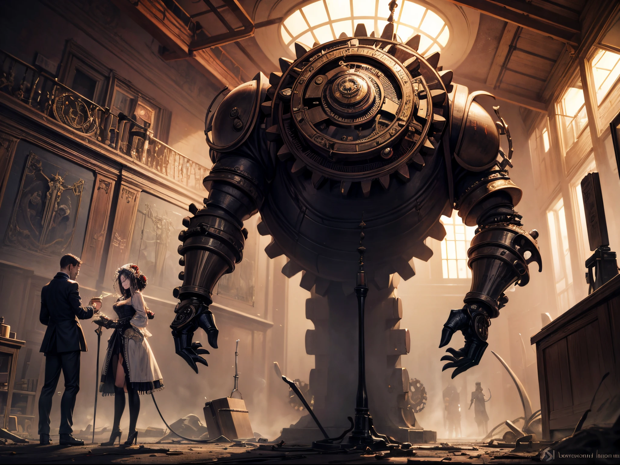 Merge the steampunk aesthetic with Lovecraftian horror by creating a scene where intricate gears and brass mechanisms take on a nightmarish quality. Imagine eldritch steam-powered machines and unsettling augmentations in a Victorian-inspired steampunk world. This prompt draws inspiration from Lovecraftian steampunk artistry, combining the styles of Mike Mignola and H.R. Giger. enormous tits