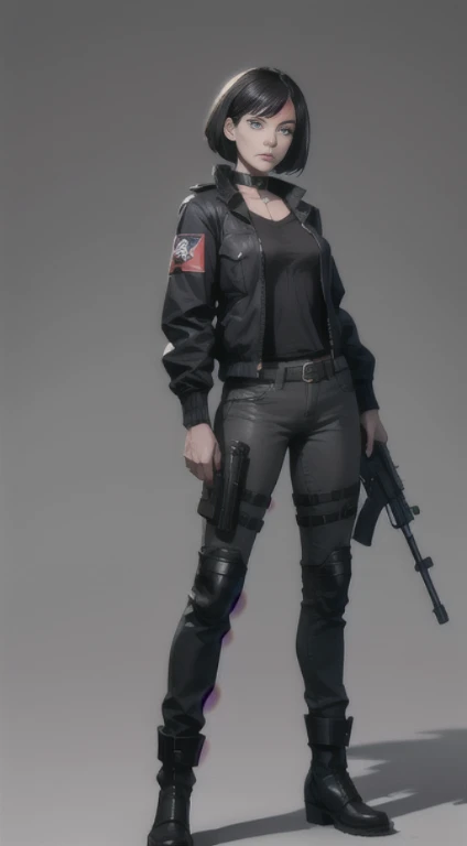 Filipino woman, 24yo, black hair, amber eyes, Short haircut bob, Black jacket, bodyarmor, tuck your pants into your boots, stand-up collar, A machine gun in the hands, Half-sideways, Concept art, gray background, in full height