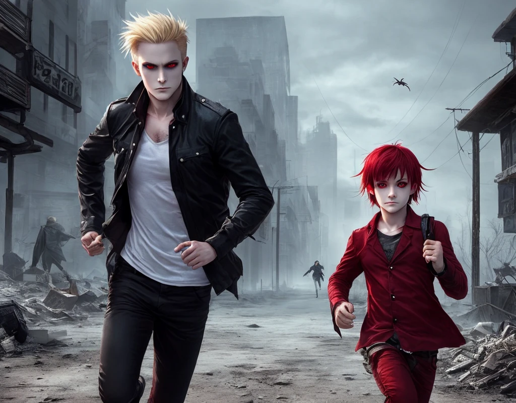 Male vampire looking like in his mid thirties with blonde hair and red eyes running across a dystopian wasteland with a nine year old vampire girl with short red hair and red eyes at night.