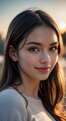 (Best quality at best,4K,A high resolution,tmasterpiece:1.2),ultra - detailed,(actual,realisticlying,Photorealistic:1.37),sportrait,20 year old woman,blond,Microvolumes,high-necksweater,stocklings,yuki,美丽细致的眼睛,beautiful detailed lips,Long eyelashes,Shoulder-length hair,White skin of the,An innocent smile,vivd colour,gentlesoftlighting,golden-hour sunlight,outdoors