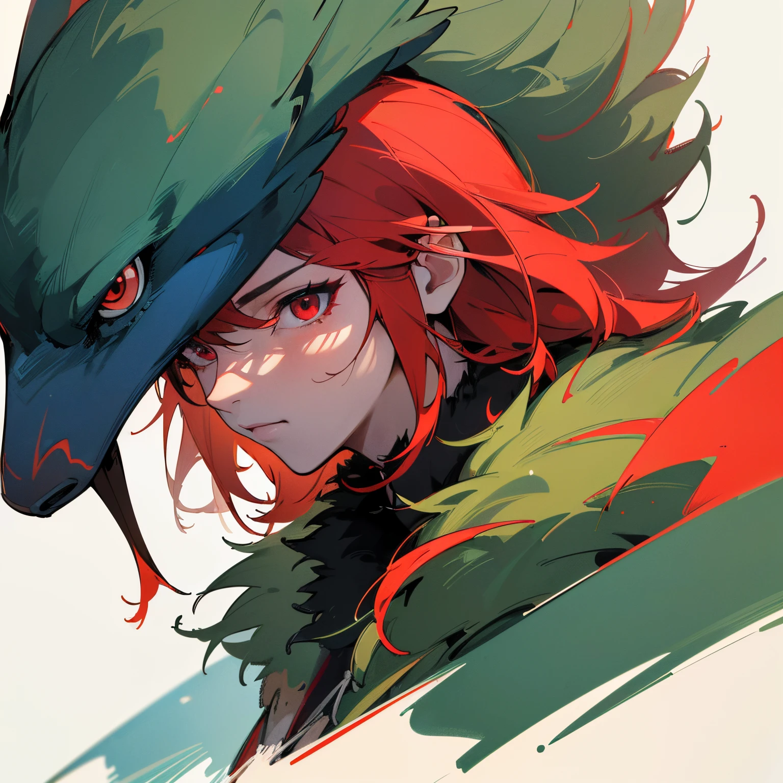 (best quality,4k,8k,highres,masterpiece:1.2),ultra-detailed,(realistic,photorealistic,photo-realistic:1.37),red and green multicolored hair,black combat clothing with fur trim coat,blue birds flying in the sky,red eyes,portrait,anime, bright and vibrant colors,soft lighting,1male