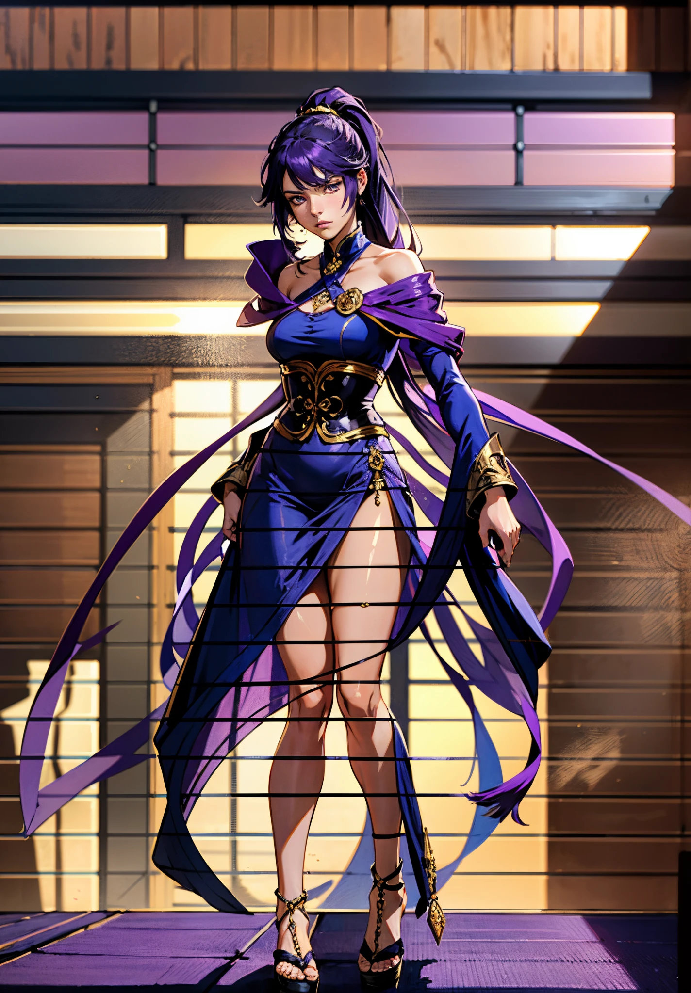 A beautiful young woman, long blue-purple hair, long bangs, ponytail, sharp gaze, a serious expression, a slender and athletic figure, a fantasy martial arts-style two-piece outfit, a fitted qipao-style long skirt, a blue-purple long cloak that almost covers her entire body, adorning her chest is an exquisite jade decorative brooch, purple mist swirls around her, a mysterious atmosphere, this character embodies a finely crafted fantasy martial arts-style female warrior in anime style, exquisite and mature manga art style, high definition, best quality, highres, ultra-detailed, ultra-fine painting, extremely delicate, professional, anatomically correct, symmetrical face, extremely detailed eyes and face, high quality eyes, creativity, RAW photo, UHD, 8k, Natural light, cinematic lighting, masterpiece-anatomy-perfect, masterpiece:1.5