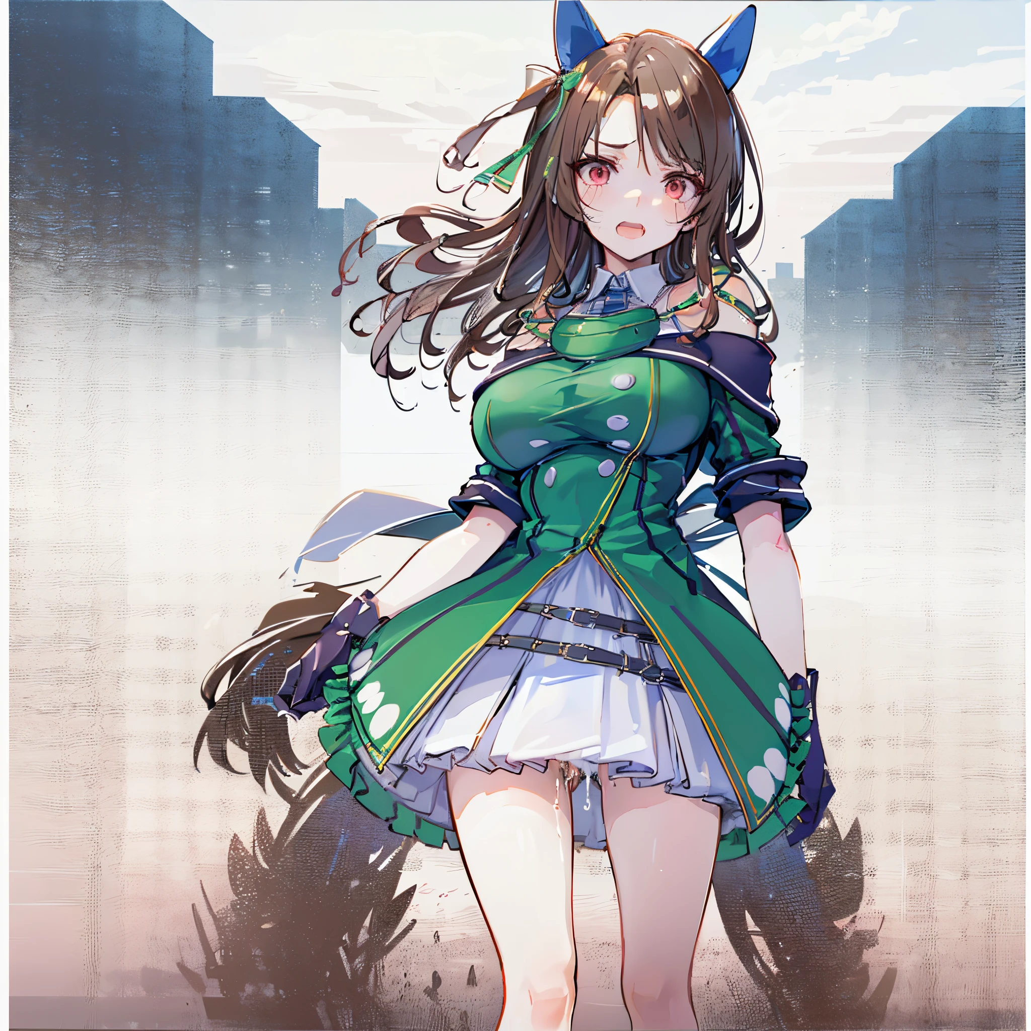 solo standing on grass field, (large breasts:1.5), (bursting breasts:1.3), (very short miniskirt:1.6) lifted by wind, thigh gap, (thin long legs:1.2), (excessive pussy juice:1.2), looking at viewer, nose blush, open mouth, nsfw