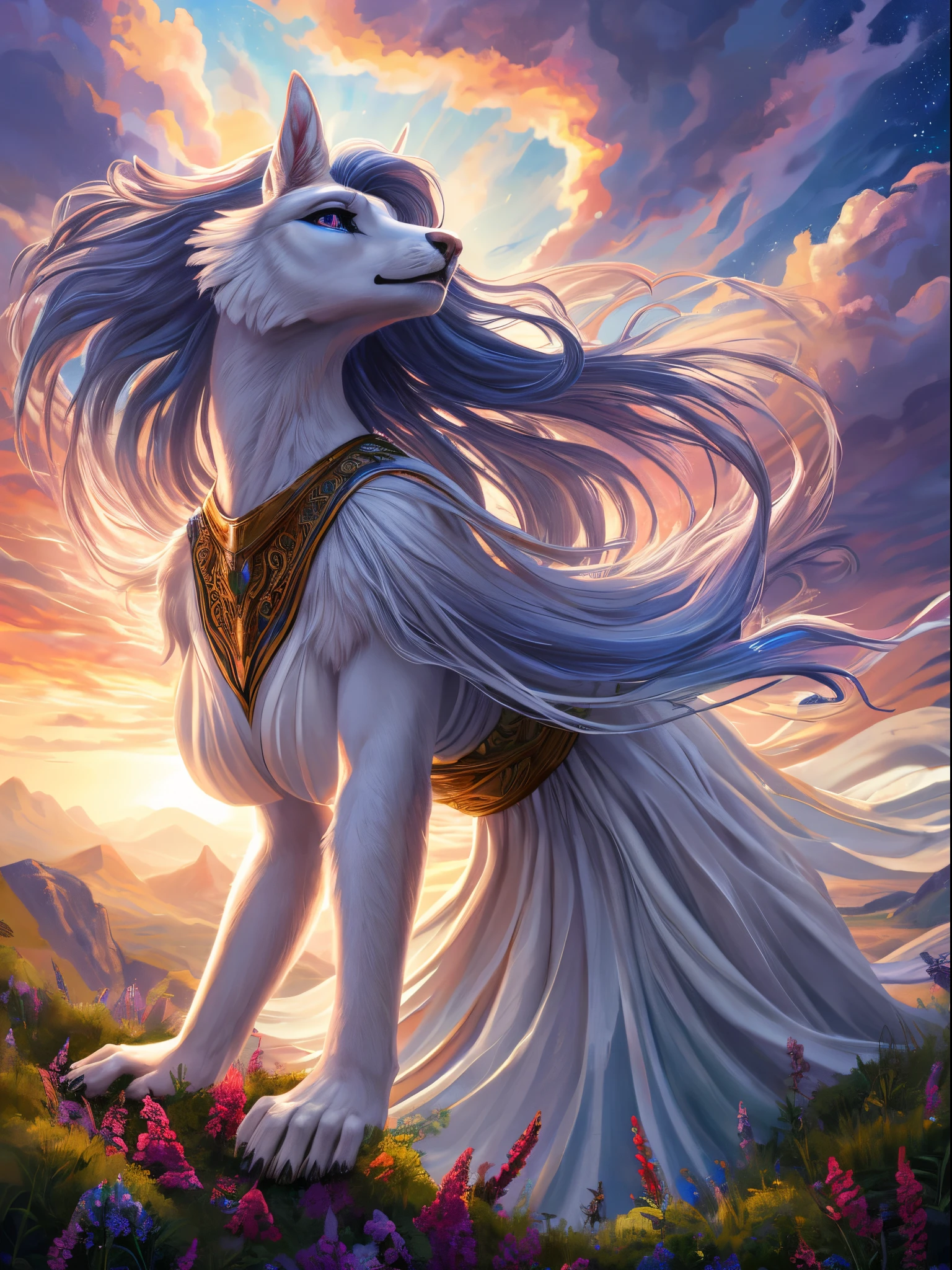 (best quality:1.2, highres, masterpiece:1.2), ultra-detailed, realistic:1.37, vibrant colors, dreamy lighting, digital art, furry, fursona female, beautiful detailed eyes, beautiful detailed lips, flowing hair, graceful pose, expressive emotions, majestic landscape, prideful atmosphere, engaging composition, captivating storytelling, enjoy!
