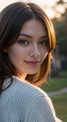 (Best quality at best,4K,A high resolution,tmasterpiece:1.2),ultra - detailed,(actual,realisticlying,Photorealistic:1.37),sportrait,20 year old american woman,blonde,high-necksweater,stocklings,yuki,美丽细致的眼睛,beautiful detailed lips,Long eyelashes,Shoulder-length hair,White skin of the,An innocent smile,vivd colour,gentlesoftlighting,golden-hour sunlight,outdoors