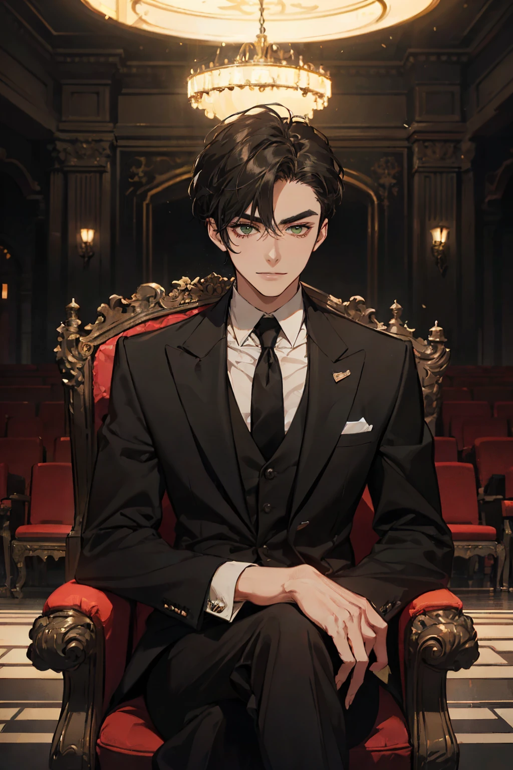 ((One young man with a black suit and tie)), alejandro, (((one side swept dark short neat hair))), ( green eyes and thick eyebrows), ((20 years old)), ((masterpiece)), ((cinematic lighting)), relax look and smirk, sitting on the chair