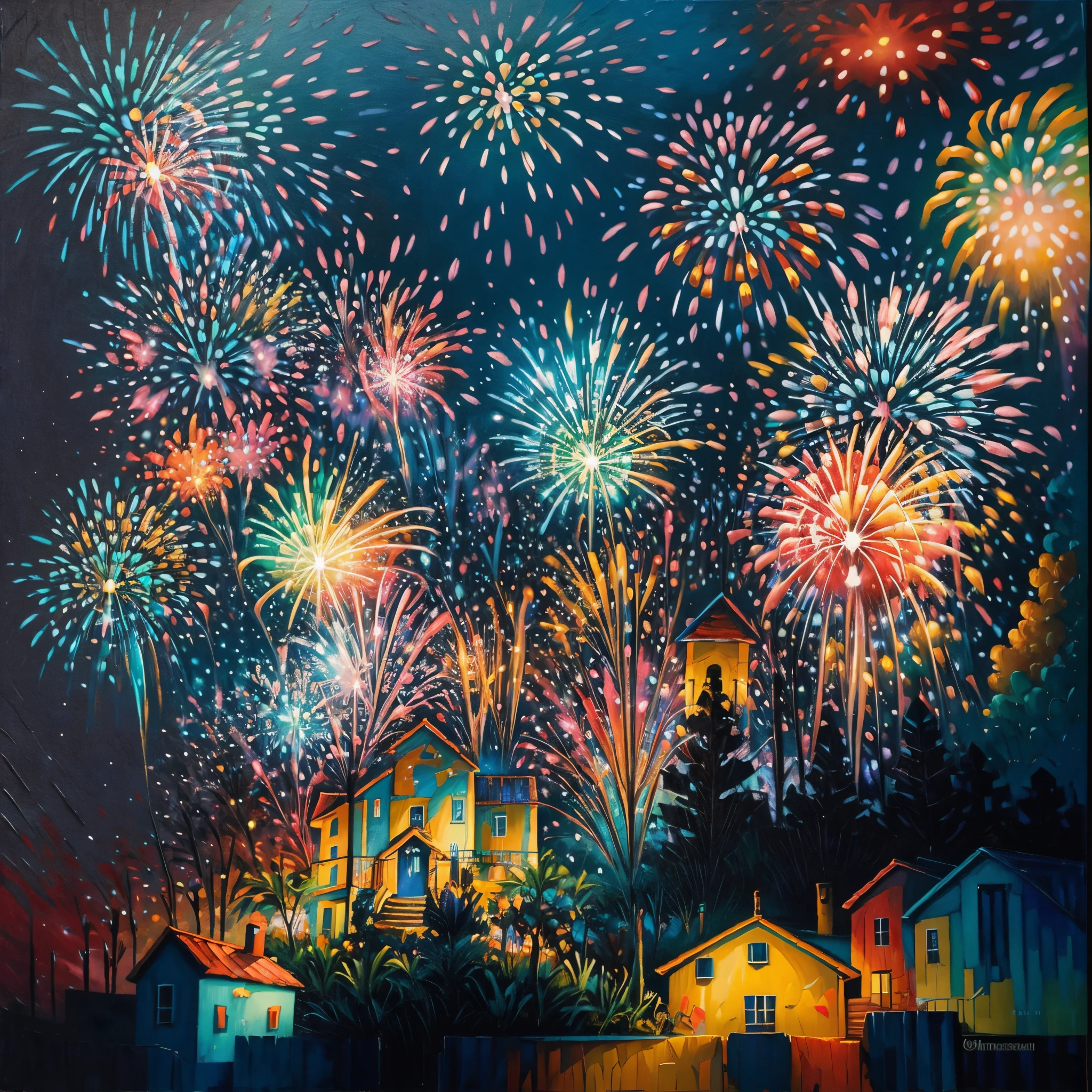 Uma bela casa moderna, colorful (((fireworks))) in the sky, pintura impressionista no estilo do artista Grandfailure, arte conceito no estilo da serie Arcane, noite, alto contraste, chiaroscuro, impasto fauvism