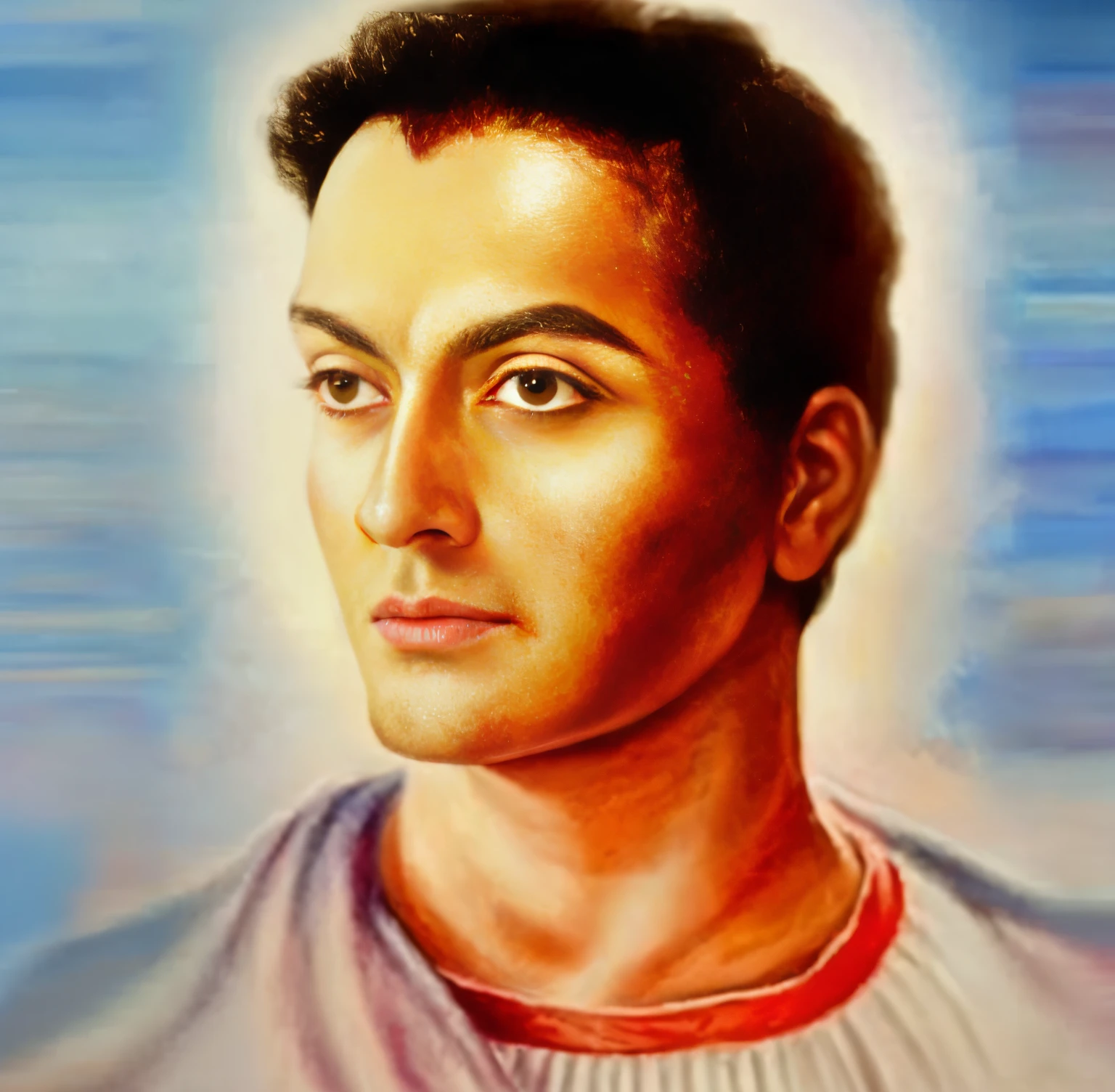 a painting of a man with a goatee on his head, Retrato de Fayum, inspirado em Pietro Testa, Ashoka Tano, portrait of saint of the pit, Directed by: Romano Vio, inspirado em Taddeo Gaddi, inspired by Caesar Andrade Faini, Directed by: Giorgio De Vincenzi, arte inspiradora, inspirado em Romano Vio, Fausto de Martini