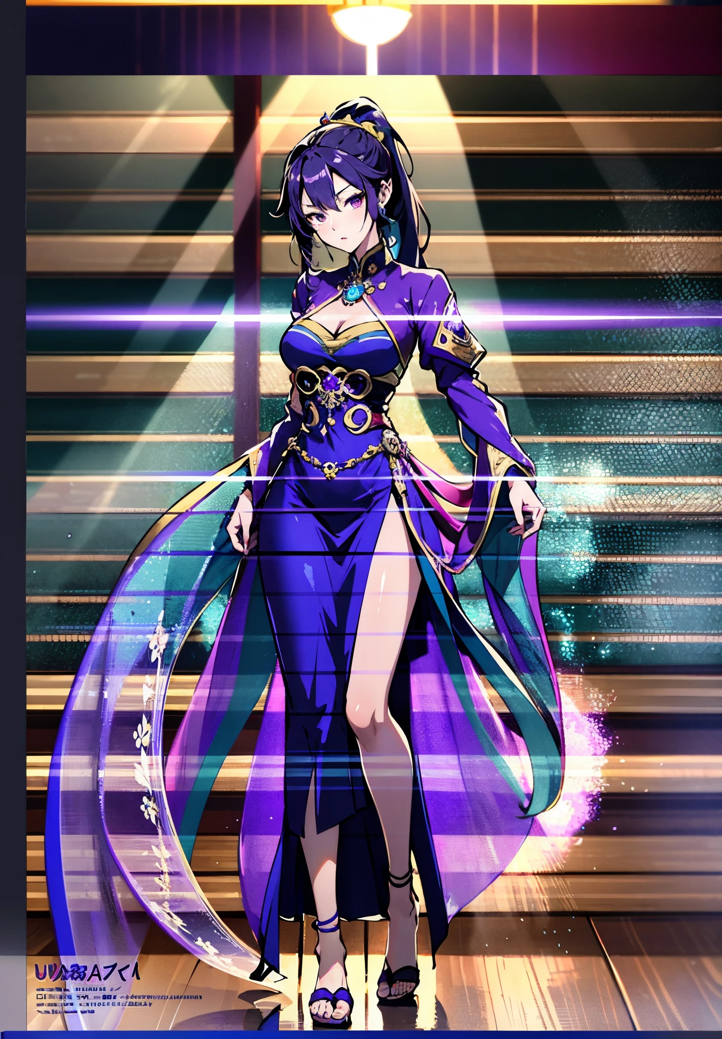 A beautiful young woman, long blue-purple hair, long bangs, ponytail, sharp gaze, a serious expression, a slender and athletic figure, a fantasy martial arts-style two-piece outfit, a fitted qipao-style long skirt, a blue-purple long cloak that almost covers her entire body, adorning her chest is an exquisite jade decorative brooch, purple mist swirls around her, a mysterious atmosphere, this character embodies a finely crafted fantasy martial arts-style female warrior in anime style, exquisite and mature manga art style, high definition, best quality, highres, ultra-detailed, ultra-fine painting, extremely delicate, professional, anatomically correct, symmetrical face, extremely detailed eyes and face, high quality eyes, creativity, RAW photo, UHD, 8k, Natural light, cinematic lighting, masterpiece-anatomy-perfect, masterpiece:1.5
