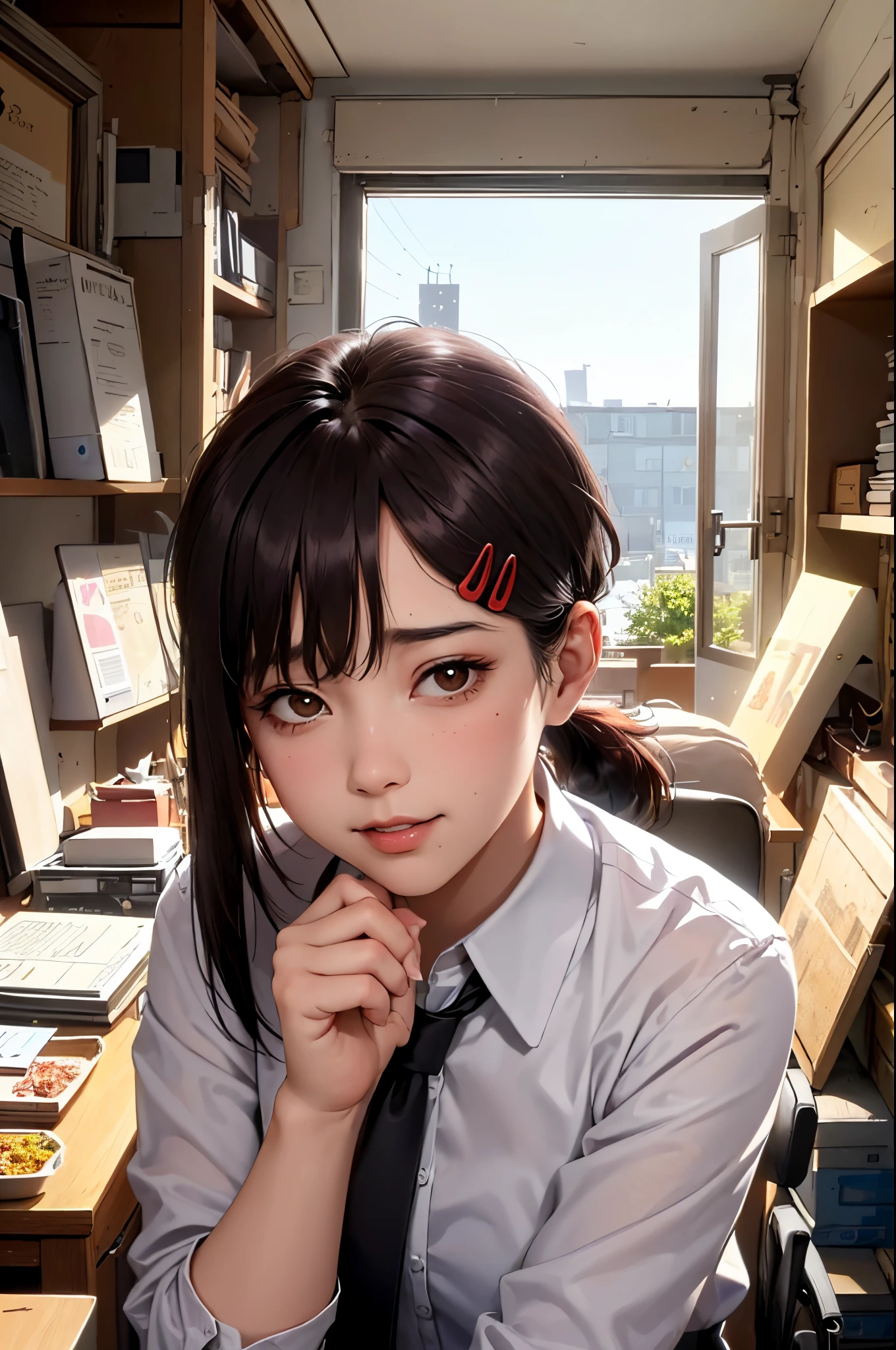 masterpiece, best quality, ultra-detailed, illustration, epic lighting, cinematic composition, isometric, 1girl, solo, cute, brown eyes, black hair, swept bangs, single sidelock, red hairclip, white collared shirt, black necktie, black pants, formal, enchanting gaze, captivating pose, indoors, office, door, opening door, looking at viewer, peeking out upper body, blush, seductive smile, closed mouth,(8k:1.1),