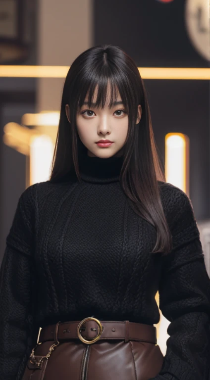 masterpiece, 1 beautiful girls, detaileds, Swollen eyes, top-quality, 超A high resolution, (现实: 1.4), OriginalPhotographs, 1girl in, 电影灯光, (A smile,:0.5) japanes, Asian Beauty, Korean, Proper, very extremely beautiful, Slightly younger face, Beautiful skins, slender, cyberpunk backgrouns, (A hyper-realistic), (illustratio), (hight resolution), (8K), (ighly detailed), (The best illustrations), (beautifully detailed eyes), (ultra-detailliert), (wall-paper), (详细的脸), looking at the viewers, fine detailed, A detailed face、deep-shadows、Unobtrusive、pureerosfaceace_v1、46-point diagonal bangs、Facing straight ahead、(Dark red turtleneck low gauge knit blouse), Golden Buckle Belt, Black leather pants, ((dark brown duffel coat)),、Black colored eyes、