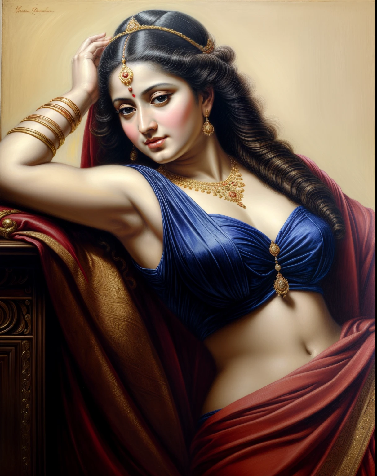 Beautiful Indian Woman, wearing saree, sari Beauty, gorgeous, Apsara, Maharani, royal queen woman, nymph from Hindu Mythology, Urvashi, matchless beauty, Highly detailed, Oil Painting by Peter Paul Rubens inspired by Raja Ravi Varma, Matchless beauty, captivating, gorgeous, heavenly beauty, celestial beauty, by Peter Paul Rubens, 1893, realistic, hyper realistic, micro details, incredible artwork, insane details, ultra High resolution, 8k, 32k, acrylic on canvas, intricate, flawless, detailed, detailed face, detailed eyes, masterpiece, by Peter Paul Rubens, by Caravaggio, by William Adolphe bouguereau, perfect face, perfect body, beautiful art, realism, baroque, renaissance Art, highly textured, beautiful and detailed eyes, uhd, best quality,