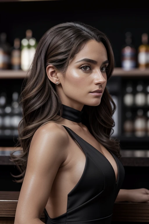 una mujer rusa de cuerpo entero vestida de negro en un bar, pale-skin, brown wavy hair, little black dress, looking over her shoulder, facing away, looking at viewer, con Sony Alpha a9 II y Sony FE 200-600mm f/5.6-6.Lente OSS 3G, Luz natural, hyperrealism photography, Ultra detailed –AR 2:3, 750px high resolution output,
