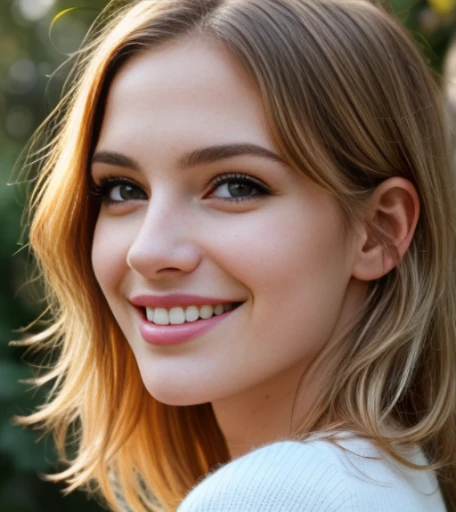 (Best quality at best,4K,A high resolution,tmasterpiece:1.2),ultra - detailed,(actual,realisticlying,Photorealistic:1.37),sportrait,20 year old american woman,blonde,high-necksweater,stocklings,yuki,美丽细致的眼睛,beautiful detailed lips,Long eyelashes,Shoulder-length hair,White skin of the,An innocent smile,vivd colour,gentlesoftlighting,golden-hour sunlight,outdoors