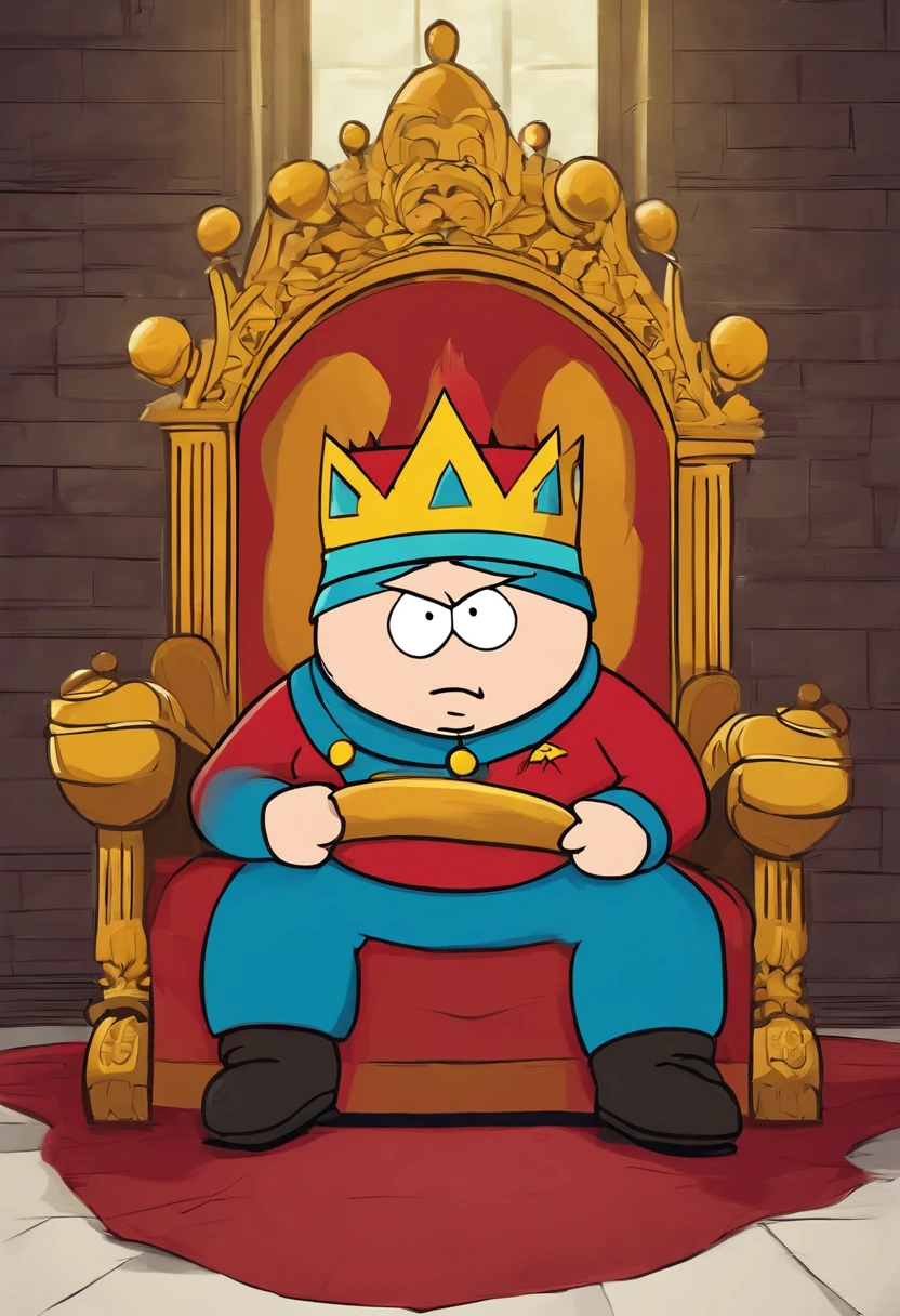 A picture of Cartman sitting in a throne-like chair, wearing a crown and holding a scepter, with a smug expression on his face,South Park,Eric Cartman, a character from the animated TV series “South Park,” is easily recognizable with his round, chubby figure, often clad in a red jacket, yellow mittens, and a blue hat with a yellow pompom. His small, beady eyes and often smug expression reflect his mischievous and sometimes malevolent personality., male