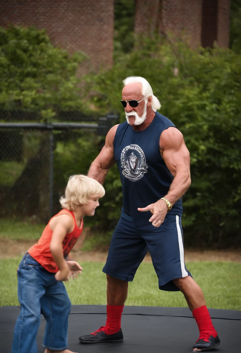 A shot of Hulk Hogan practicing wrestling moves with a young fan at the local playground,WWE Wrestling,Hulk Hogan, male