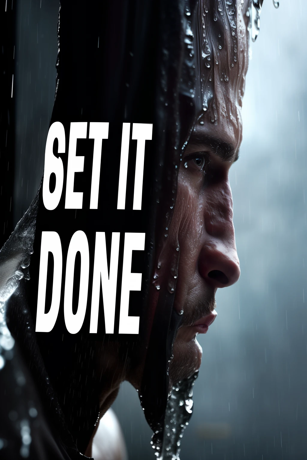 Create a image like this, of a focused, determined expression man, in rain, sweaty,