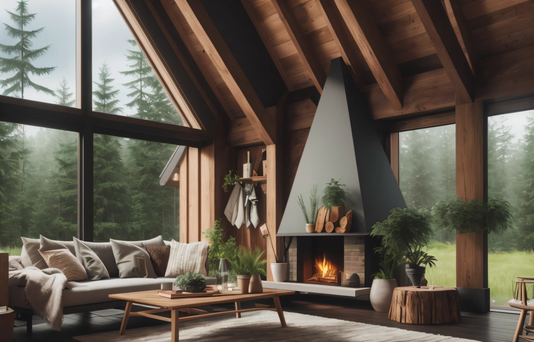 airy living room with fireplace and sofa in front of a large window, interior quente, Renderizado em corona, fundo aconchegante da casa, lugar aconchegante, Atmoshpere aconchegante, vray 8k render, aconchegante e calmo, interiores quentes, interior aconchegante da sala de estar, unreal engine realistic render, sala de estar aconchegante, Modern rustic, atmospheric render, enscape render