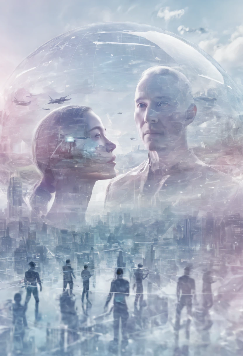 Transparent avatar,Visionary image of a future utopian world,(multiple exposure:1.8),Complex illustrations in surrealist art style,Surreal dreams,Future utopian world dream